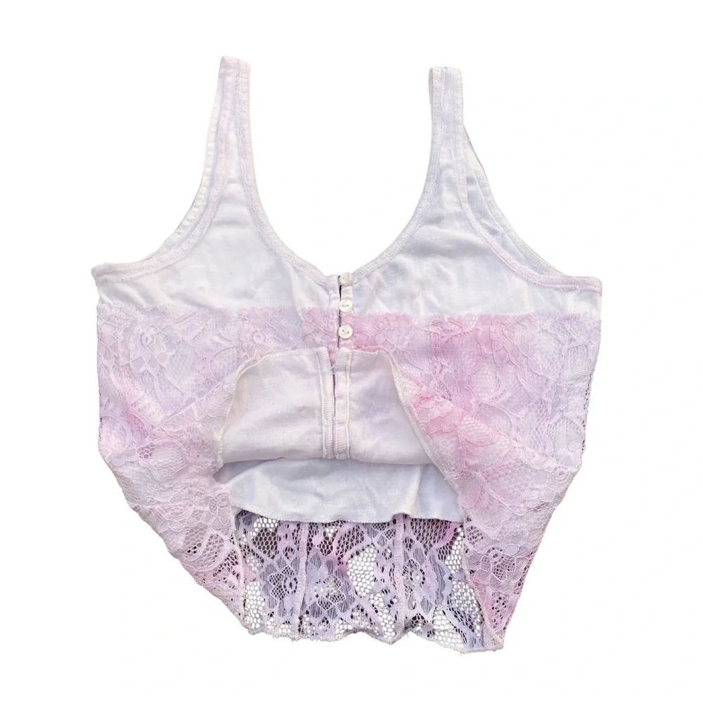 Free People Small Petite Button Up Pink White Floral Lace Crop Top Shirt Boho - Picture 2 of 9